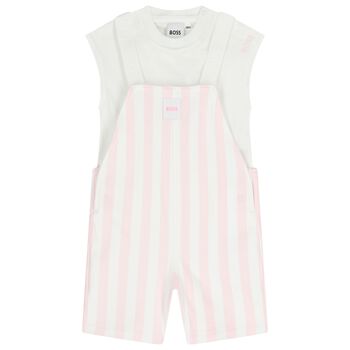Baby Girls White & Pink Striped Logo Dungaree Set