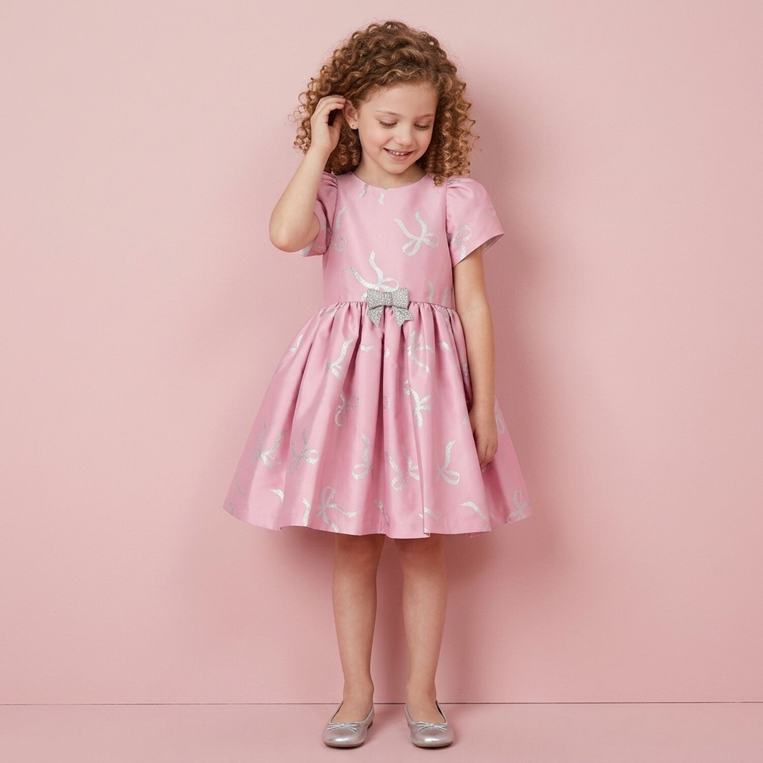 Girls Pink & Silver Bow Dress, 1, hi-res
