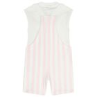 Baby Girls White & Pink Striped Logo Dungaree Set, 1, hi-res
