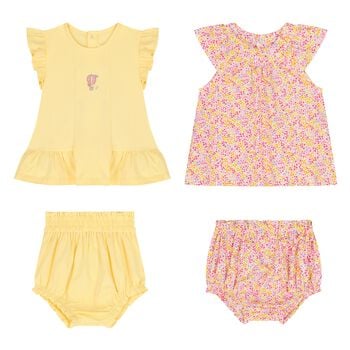 Baby Girls Yellow & Pink Floral Shorts Set ( 2-Pack )