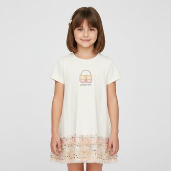 فستان بنات مزين بالترتر بطبعة حقيبة باللون العاجي