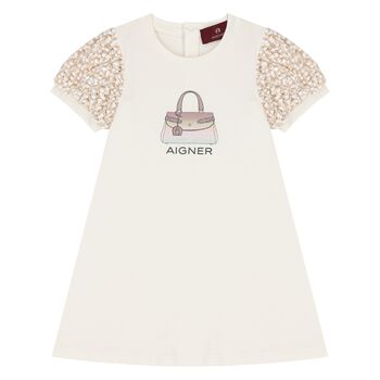 Younger Girls Ivory Bag Print Dress