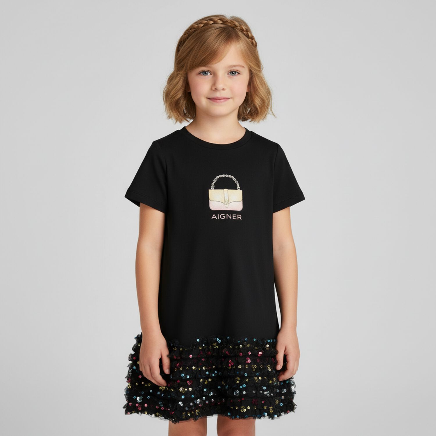 Girls Black Bag Sequin Dress, 2, hi-res