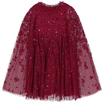 Girls Red Embroidered & Sequinned Tulle Cape Dress