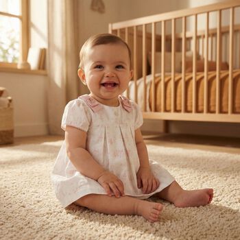 فستان من قماش توال دو جوي للبنات الاطفال باللون الابيض والوردي