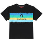 Boys Black Striped Logo T-Shirt, 1, hi-res