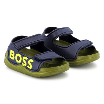 Boys Navy Blue & Green Logo Sandals