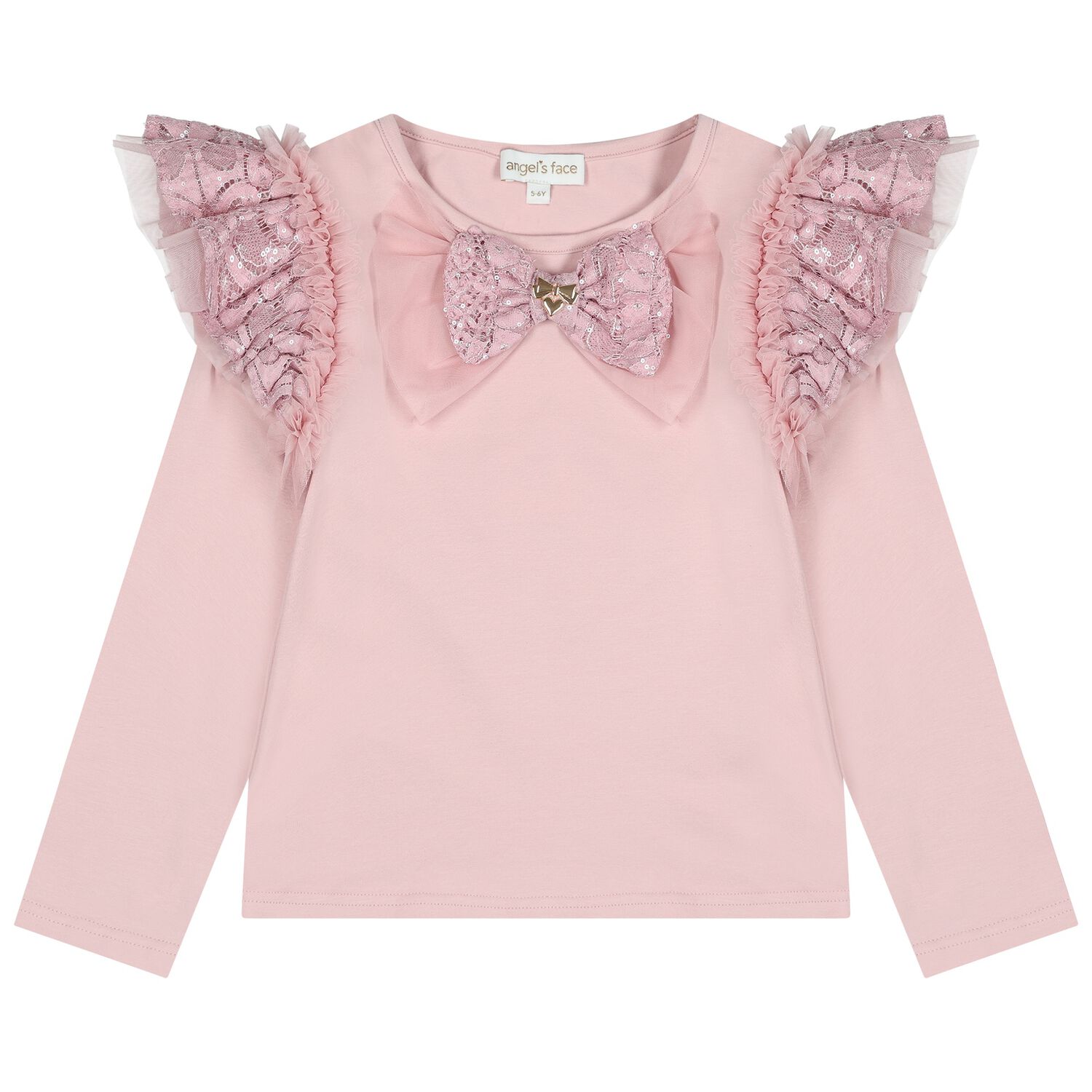 Girls Pink Sequin Lace Bow Carina Long Sleeve Top, 1, hi-res