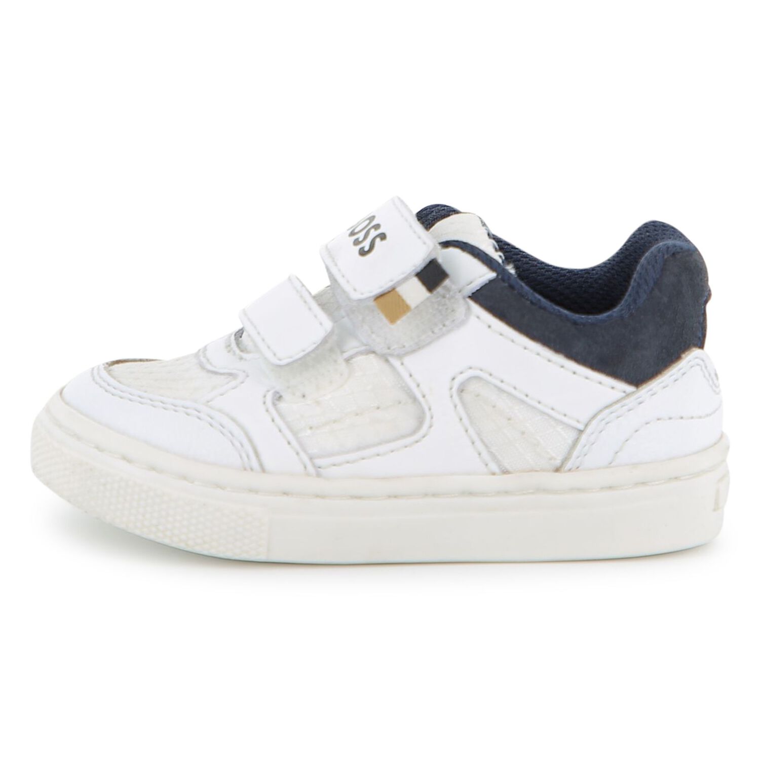 Boys White & Navy Blue Logo Trainers, 2, hi-res
