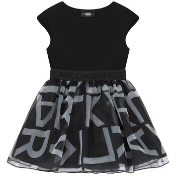 Girls Black & White Logo Organza Dress
