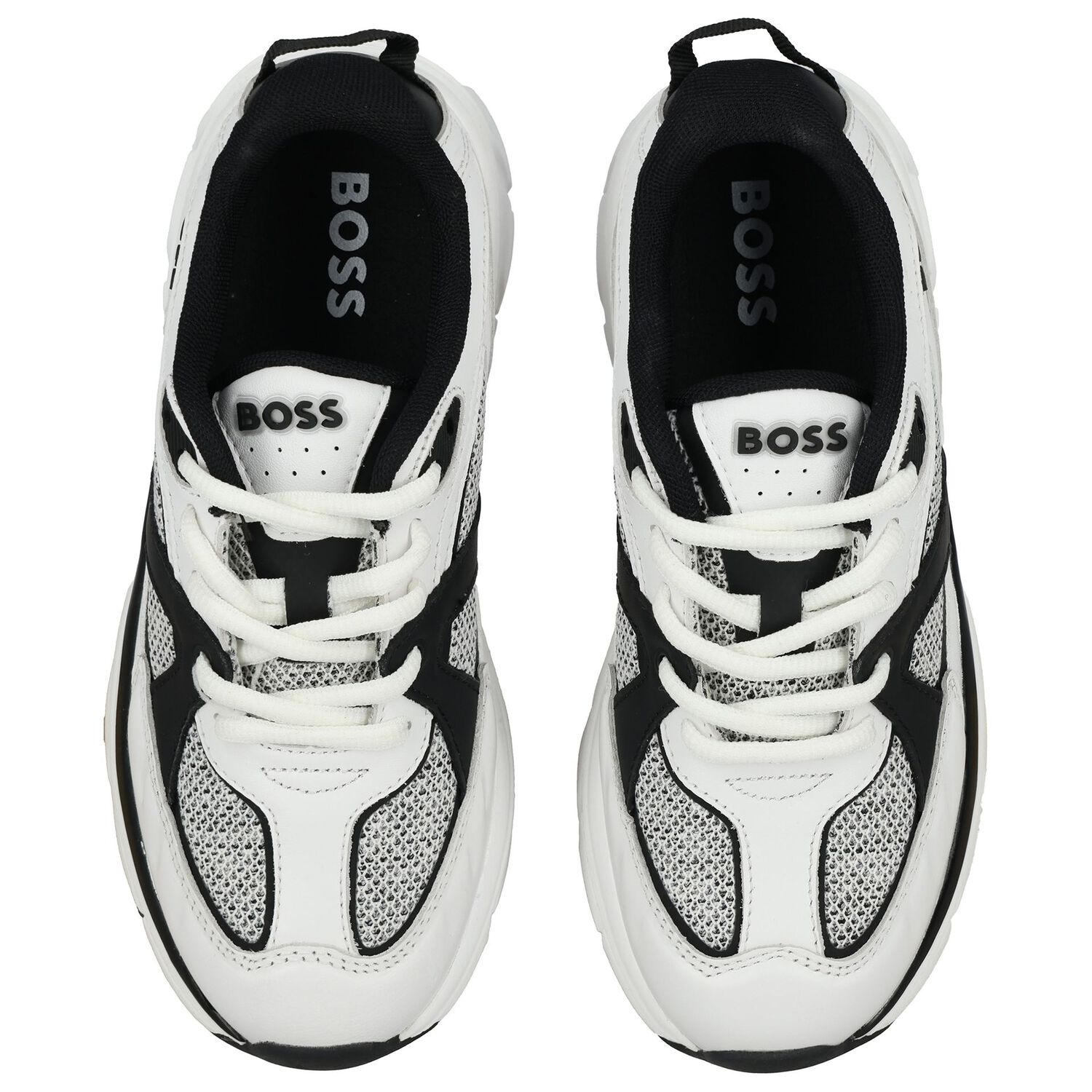 Boys White & Black Logo Leather Trainers, 1, hi-res