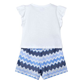 Girls White & Blue Zigzag Shorts Set