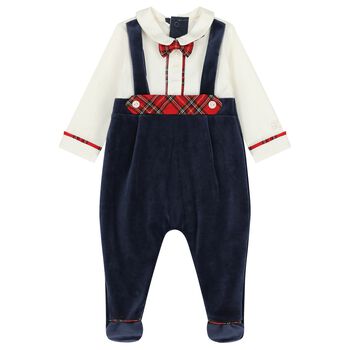 Baby Boys Ivory & Navy Blue Velour Babygrow