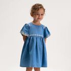 Girls Denim Blue Floral Lace Dress, 1, hi-res