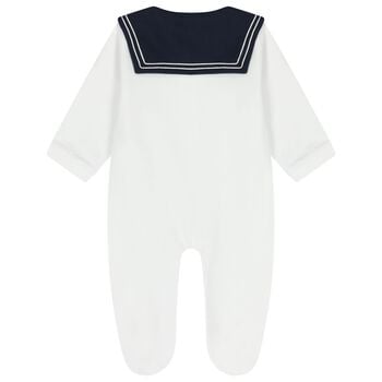 بدلة أطفال بيضاء وزرقاء داكنة بشعار