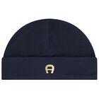 Baby Boys Navy Blue & Gold Logo Baby Hat, 3, hi-res