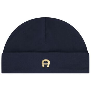 Baby Boys Navy Blue & Gold Logo Baby Hat