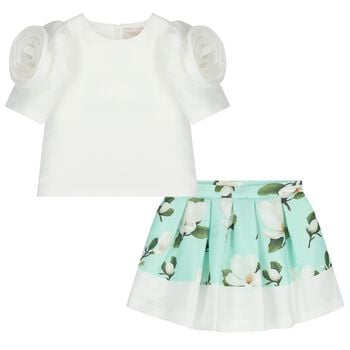 Girls White & Green Floral Skirt Set