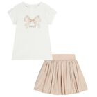 Girls Ivory & Beige Bow Skirt Set, 1, hi-res