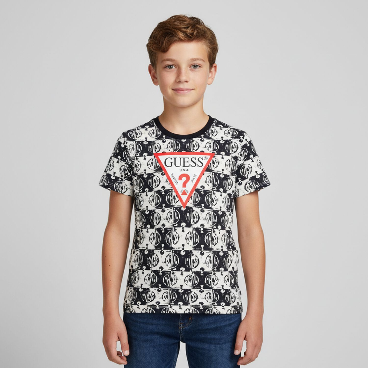 تي شيرت بشعار باللون أزرق داكن وعاجي للأولاد, 4, hi-res