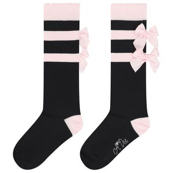 Girls Black & Pink Satin Bow Socks