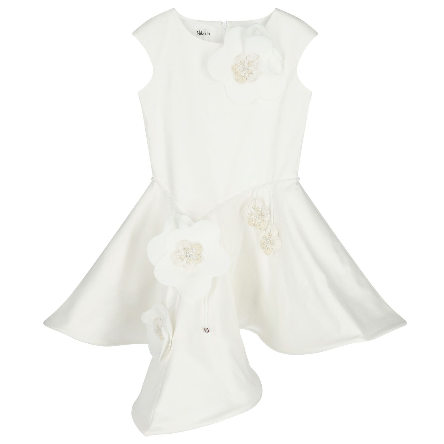 Girls White Floral Applique Dress, 1, hi-res