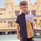 Boys Navy Blue, White & Beige Logo Polo Shirt, 2, hi-res