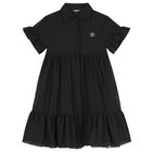 Girls Black Logo Tiered Mesh Dress, 1, hi-res