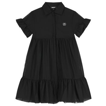 Girls Black Logo Tiered Mesh Dress