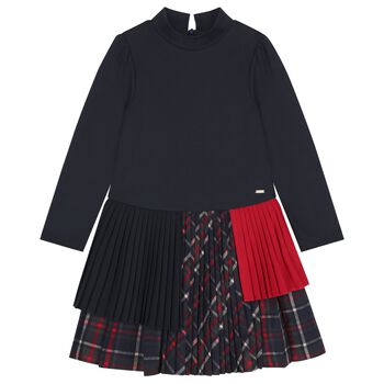 Girls Navy Blue & Tartan Dress