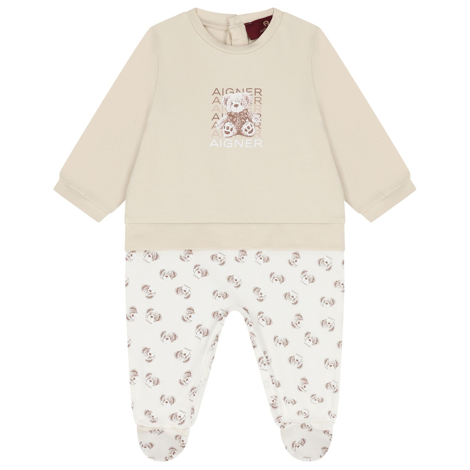 Beige & Ivory Teddy Bear Logo Babygrow, 1, hi-res