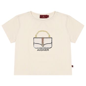 Girls Beige Logo Faux Fur Bag T-Shirt