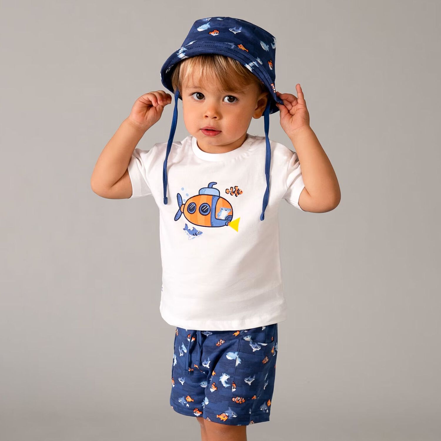 Younger Boys White & Blue Shorts & Hat Set, 2, hi-res