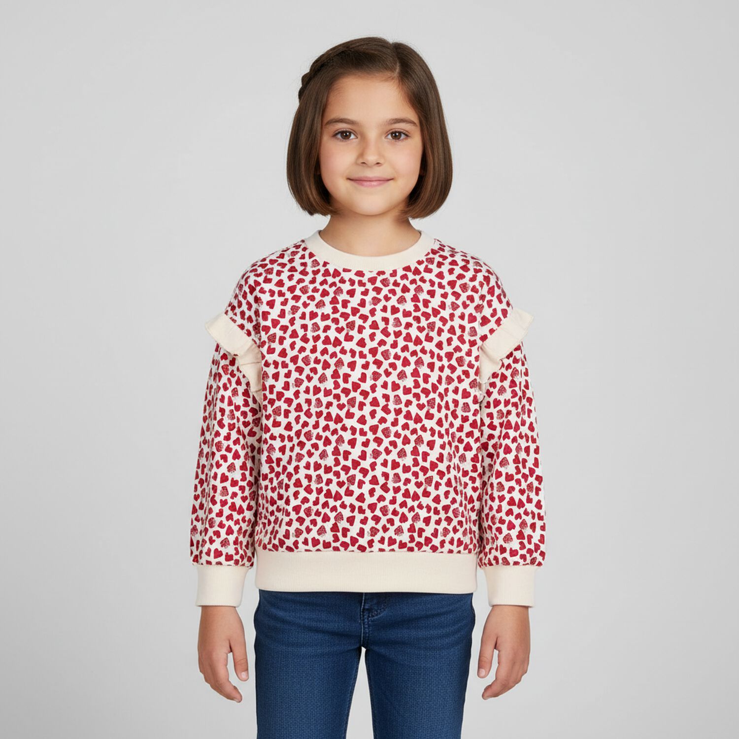 Girls Beige & Red Heart Sweatshirt , 2, hi-res image number null