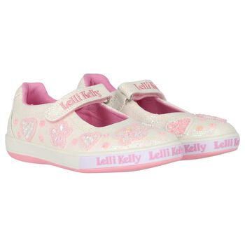Girls White Logo Beaded Hearts Shoes