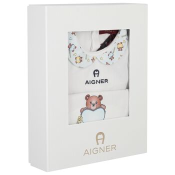 طقم هديه افرول بالشعار للاولاد بطبعه تيدى بير باللون الابيض والازرق 