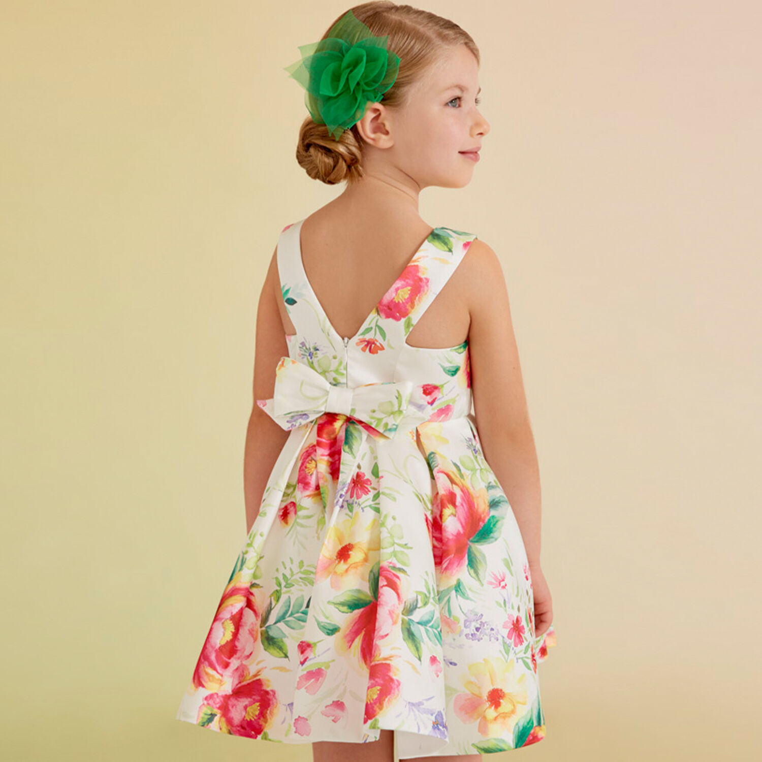 Girls Ivory Floral Satin Dress, 1, hi-res