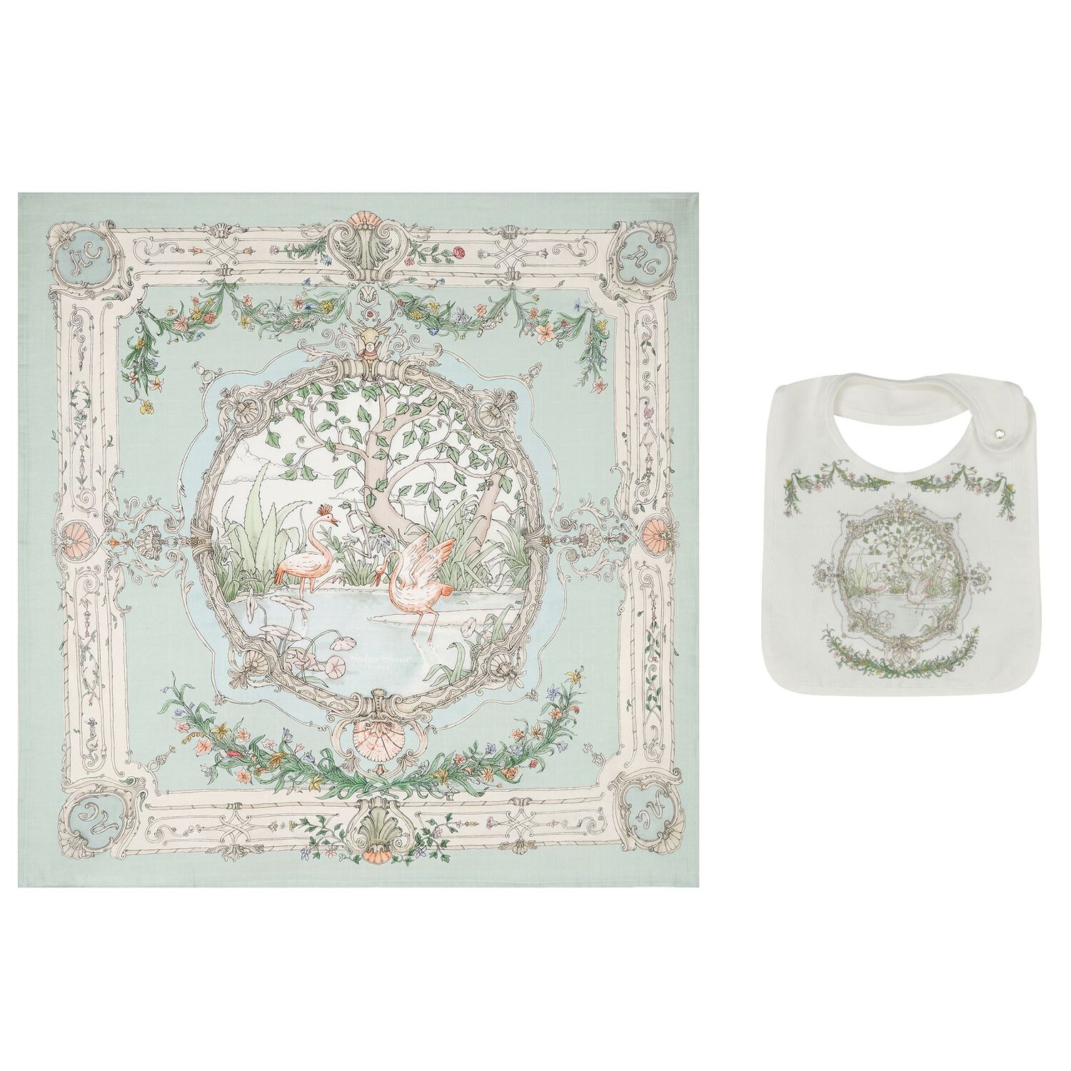 Ivory & Blue Tapestry Baby Swaddle & Bib Gift Set, 1, hi-res