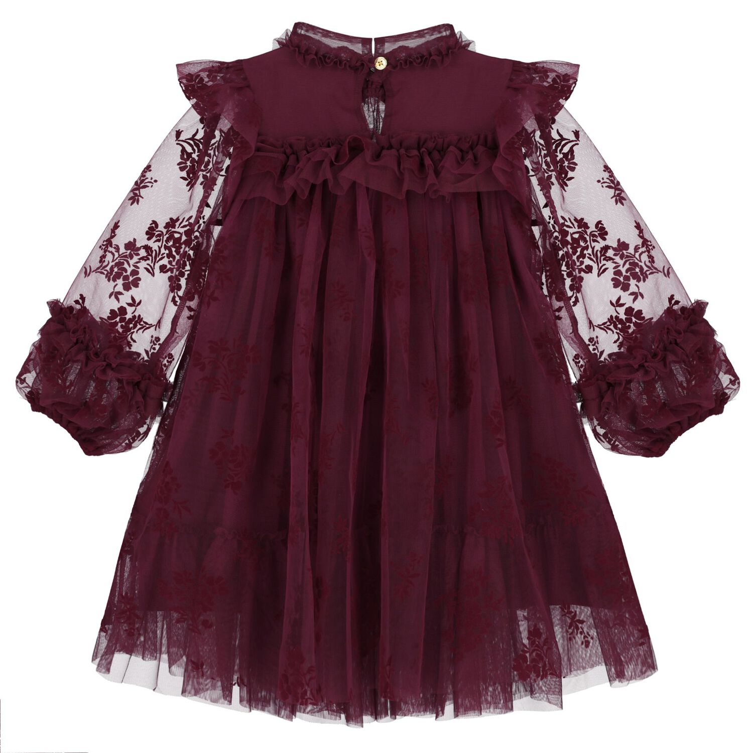 Girls Burgundy Floral Ruffled Tulle Dress, 1, hi-res