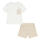 Younger Boys Beige & White Striped Shorts Set, 2, hi-res