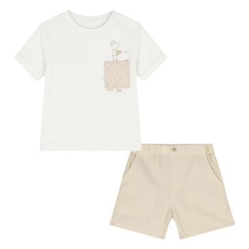 Younger Boys Beige & White Striped Shorts Set