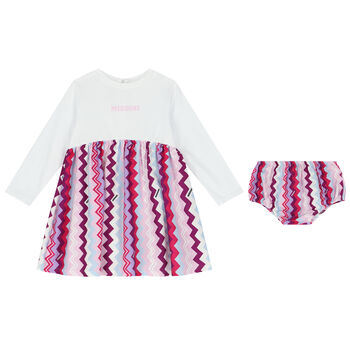 Younger Girls White, Purple & Pink Logo Zigzag Dress Set