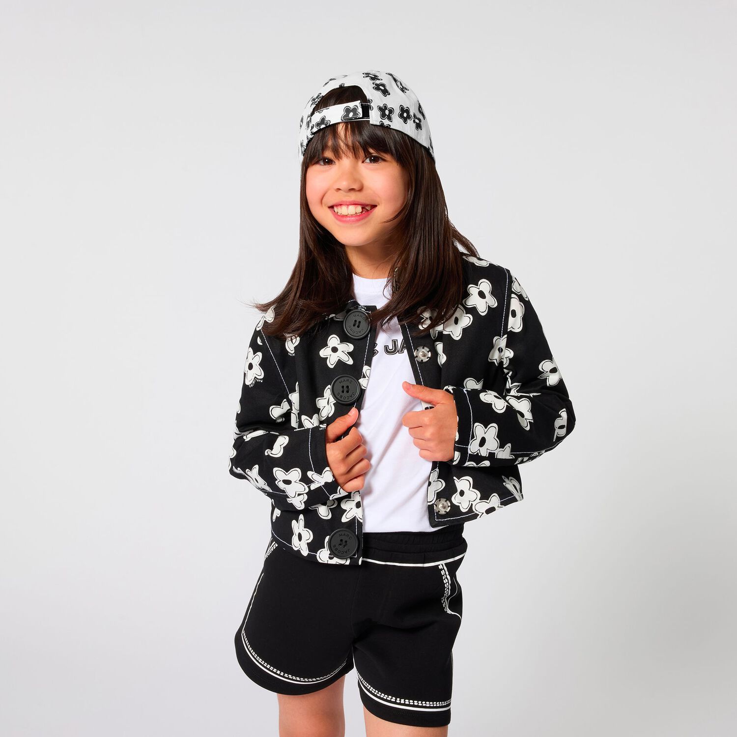 Girls Black Stitched Print Shorts, 1, hi-res