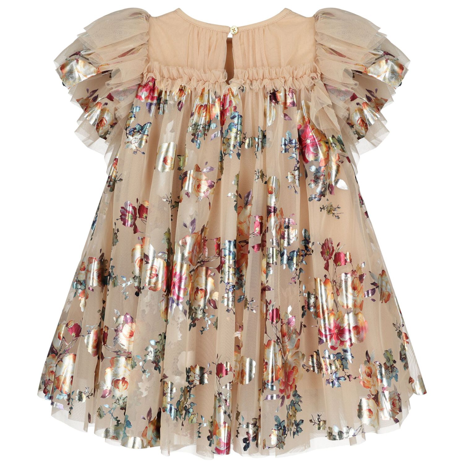 Girls Beige Tulle Flowers Dress, 3, hi-res
