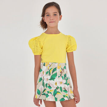 Girls Beige Floral Pleated Skort