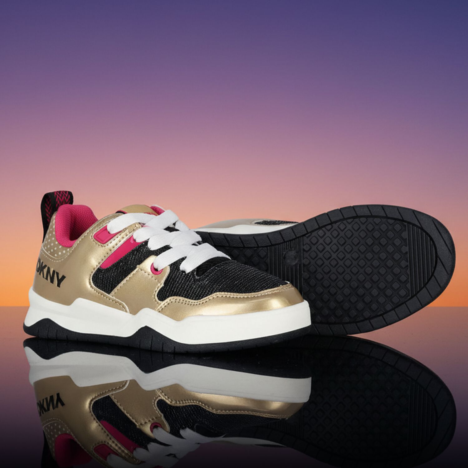 Girls Gold, Pink & Black Logo Trainers, 1, hi-res
