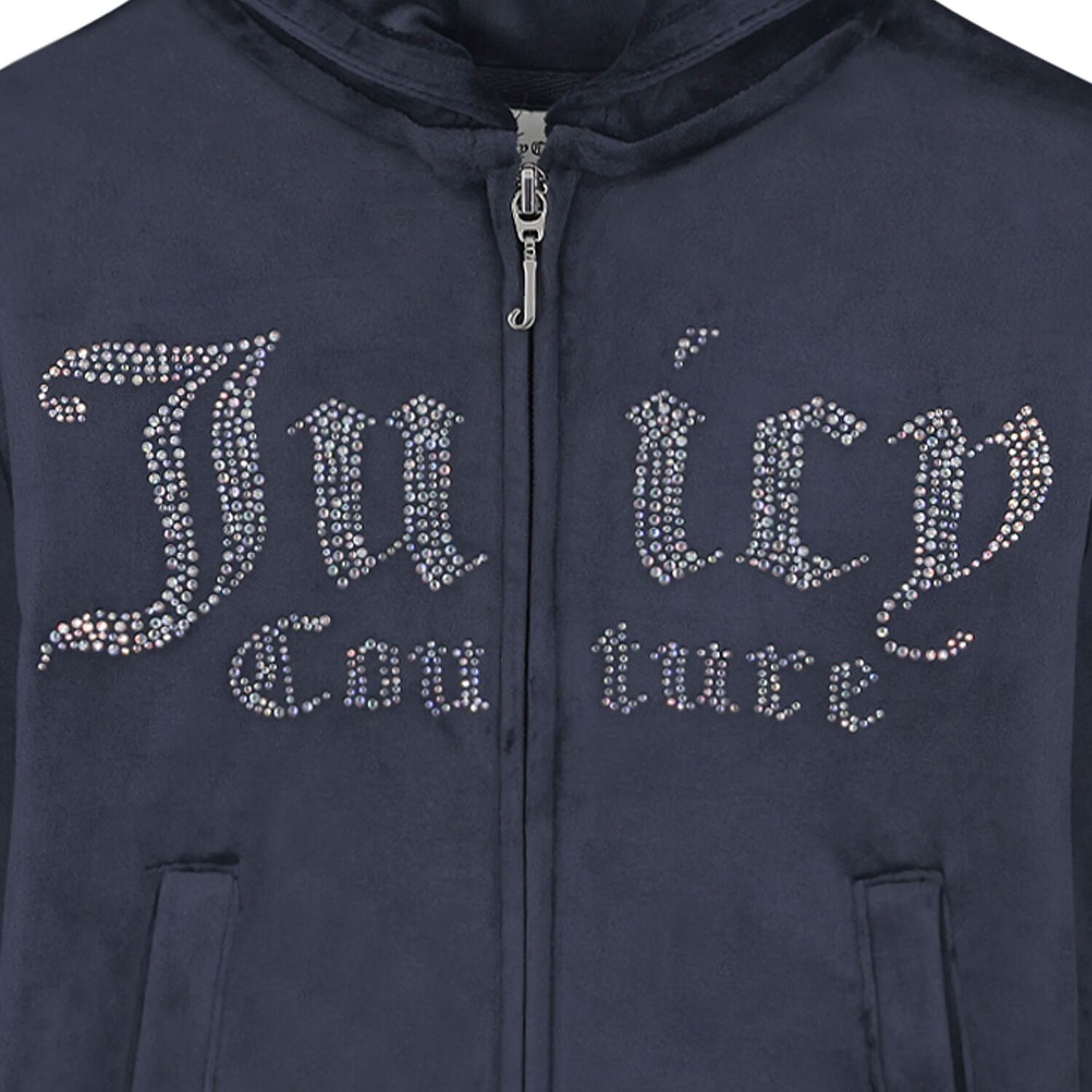 Girls Navy Blue Embellished Logo Hooded Zip Up Top, 1, hi-res
