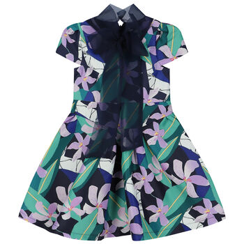 Girls Blue & Purple Floral Satin Dress