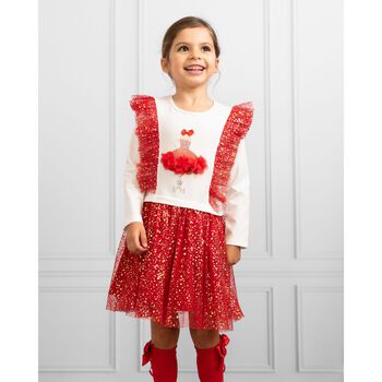 Girls White & Red Ruffle Tulle Dress