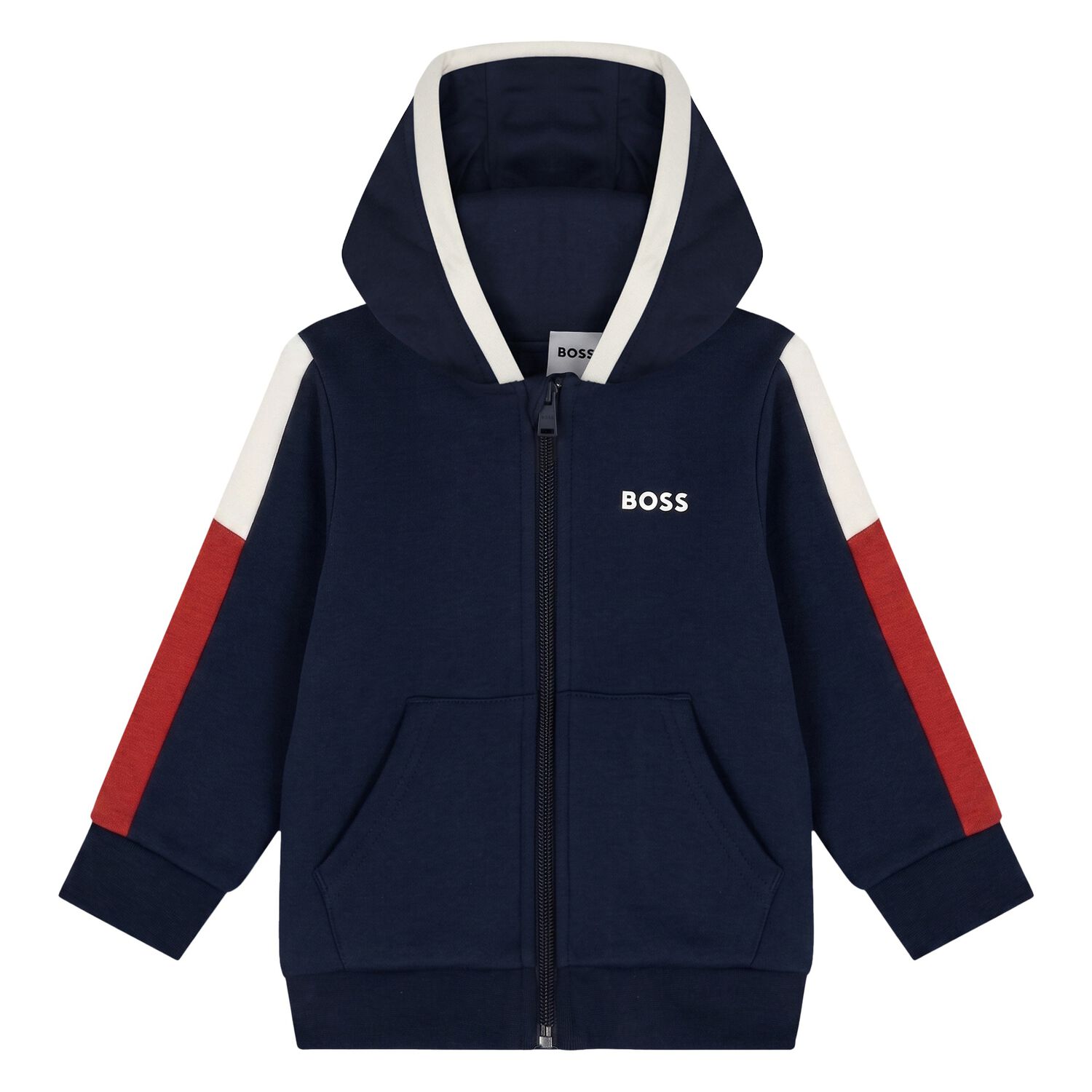 Younger Boys Navy Blue Hooded Zip Up Top, 3, hi-res